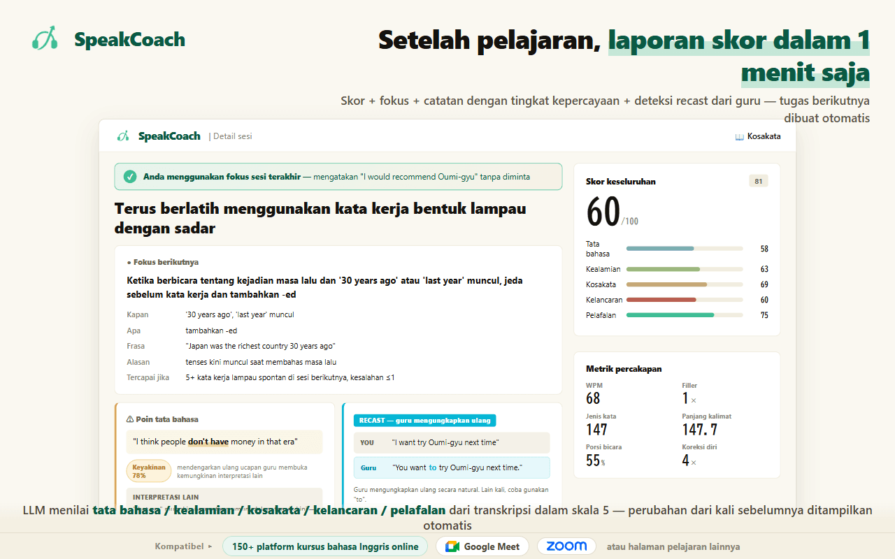 Laporan sesi SpeakCoach yang menampilkan skor keseluruhan, lima sub-skor, fokus untuk les berikutnya, dan perbaikan ucapan dari guru