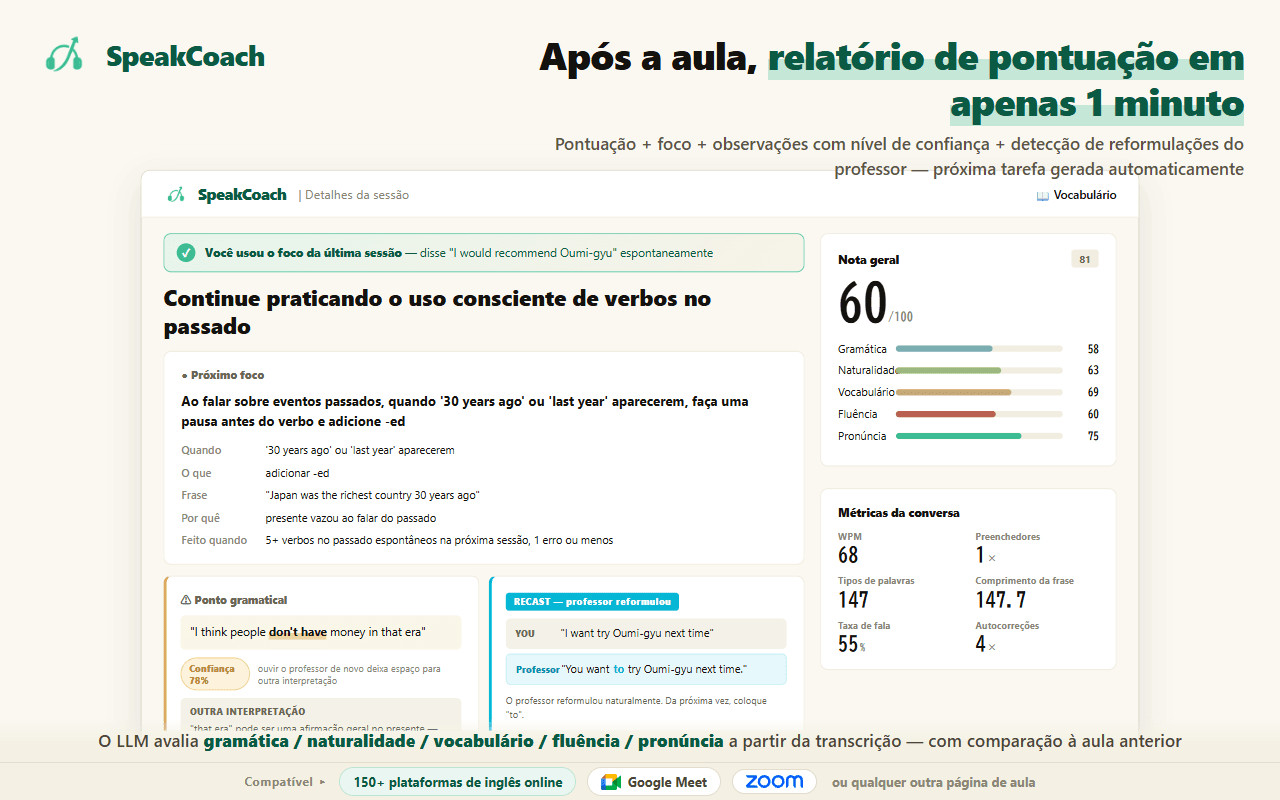 Um relatório de sessão do SpeakCoach com a pontuação geral, cinco subpontuações, o foco para a próxima aula e a reformulação do professor