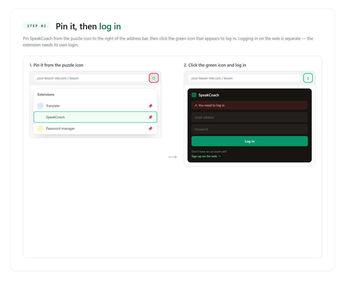 Step 2: Pin the extension → click the icon to log in