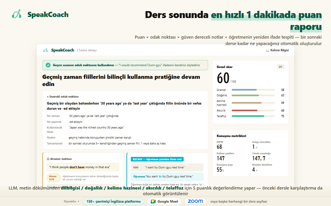 SpeakCoach ders raporu: genel puan, beş alt puan, bir sonraki ders için odak ve öğretmenin düzeltilmiş ifadesi