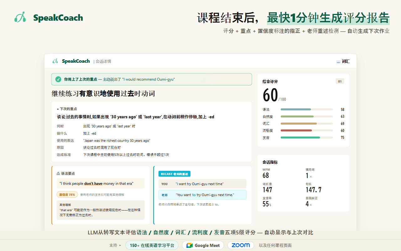 SpeakCoach 的课程报告界面:总分与五个维度的分数、下次的重点,以及老师的改说法对照